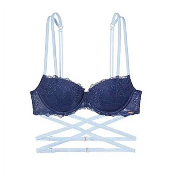 🚫sold🚫Date Push Up Bra 34DD Navy Lace Bralette with Light Blue Straps - Picture 2 of 6